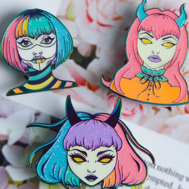 Custom Design Your Own Three Style Women Head Enamel Pins with Glitter Cartoon TV Metal Badges Cheap Price No MOQ